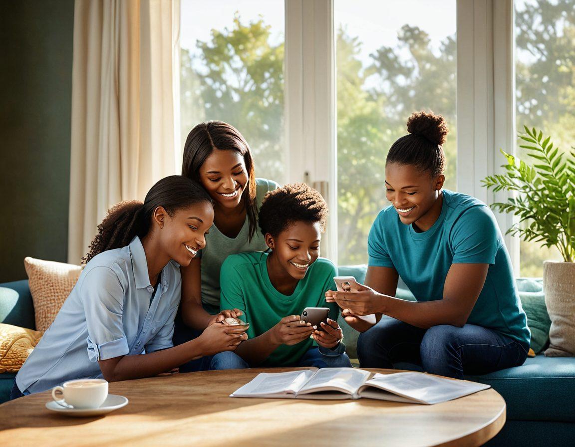 A warm and inviting scene depicting a diverse family huddled together with a protective shield surrounding them, symbolizing safety and security. Soft sunlight filters through a window, casting a gentle glow on their smiles. Elements of modern technology, such as a smartphone displaying an insurance app, subtly integrated into the scene, conveying innovation in protection. Include calming blues and greens to evoke trust and peace. super-realistic. vibrant colors.