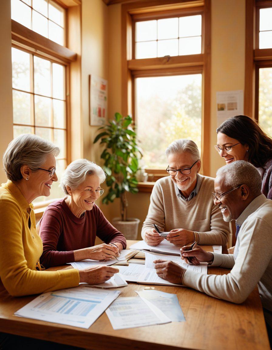 A warm and welcoming scene featuring a diverse group of seniors and families, gathered around a table with a variety of insurance documents and digital devices, discussing solutions and sharing smiles. Include elements like a cozy living room setting, a large window letting in soft sunlight, and supportive visuals such as infographics and charts in the background. Capture a sense of community and guidance. vibrant colors. super-realistic.