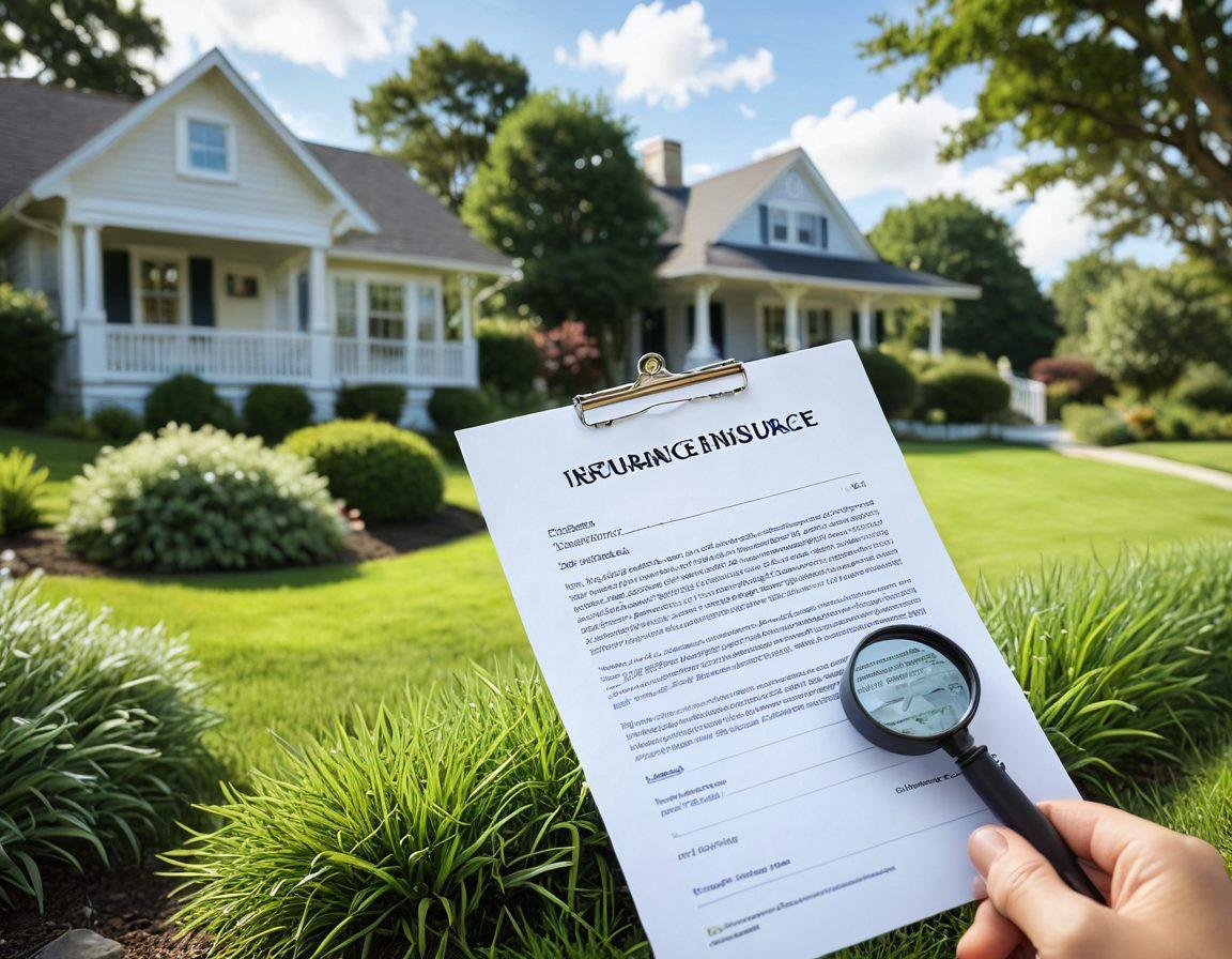 A serene landscape with a winding path leading to a cozy home, symbolizing peace of mind. In the foreground, an open insurance policy document and a magnifying glass with a calming blue sky above. Subtle icons representing various types of insurance (home, auto, health) lightly scattered around the scene. Emphasize a warm, inviting color palette to evoke tranquility and security. super-realistic. vibrant colors. soft focus.